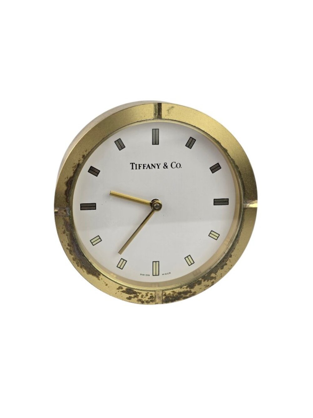 Vintage Tiffany & Co. Round Brass Swiss Made Desk Clock 3" x 3" x 1" Working